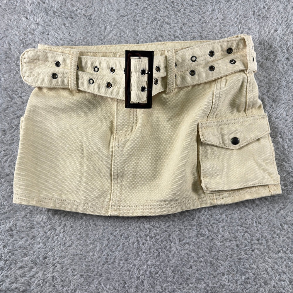 NEW Princess Polly Cream Cargo Mini Skirt Grommet Belt Cotton US 0
